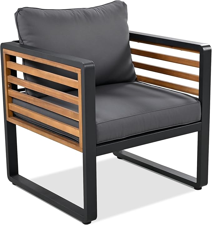 4-Pieces Outdoor Patio Sectional Sofa Set with Coffee Table, All-Weather 5 Person Conversation Set with Thick Cushions and Pillows for Garden Backyard Balcony, Acacia Wood Tabletop (Gray-N74)