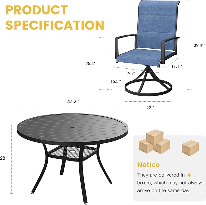 VICLLAX 7 Pieces Patio Dining Set for 6, All Weather Outdoor Furniture Set - 47.2" Round Patio Table and Swivel Padded Chairs, Black Tabletop and Blue Fabric