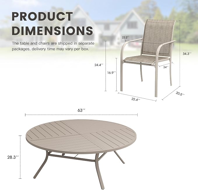 11 Pieces Outdoor Dining Set, Stackable Textilene Paito Chairs & 63.1" Round Dining Table with Umbrella Hole, Patio Dining Set for Backyard, Deck, Garden, Sandshell