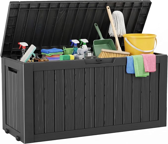 Outdoor Storage Box, 100 Gallon Resin Deck Box, Lockable Indoor Outdoor Waterproof Storage Bins With Bottom Wheels for Patio Cushions, Gardening Tools, Black