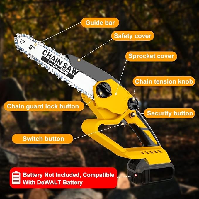 Cordless Mini Chainsaw for Dewalt 20V MAX Battery Powered (NO Battery), Electric Cordless Hand Chainsaw 8 Inch for Wood Cut Tree