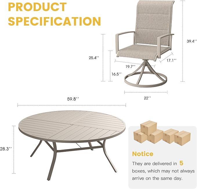 VICLLAX Patio Dining Set for 8, 8 Seats Outdoor Furniture Includes 59.9" Round Patio Table and Swivel Padded Chairs, Sandshell Color Tabletop and Fabric