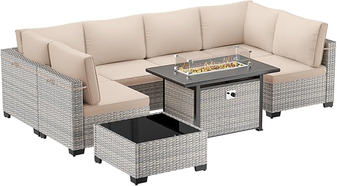 8-Piece Modern Patio Conversation Set with 55,000 BTU Fire Pit Table, Thick Cushions, Dual-Strand Wicker Rattan, Rust-Resistant Frame, Khaki