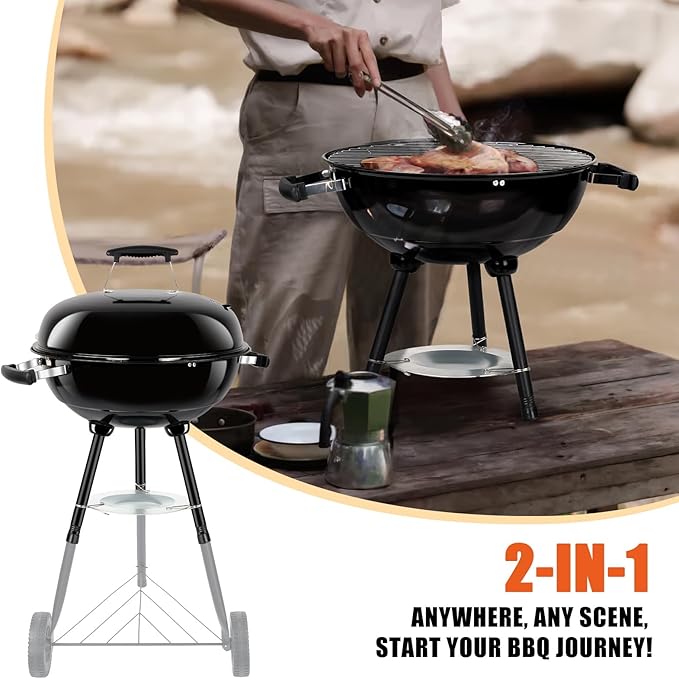 18 Inch Charcoal Grill, Leonyo Portable Barbecue Kettle Grill, Round Smoker with Wheels and Porcelain-Enameled Lid for Outdoor Cooking, Camping, Backyard and Beach, Black