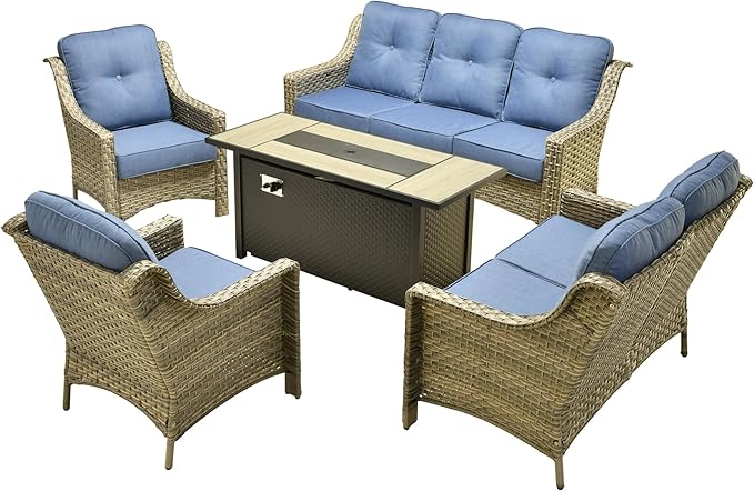 Outdoor Patio Furniture Sets, 5 PCS Patio Conversation Set Outside Rattan Sofa with 54 in Fire Pit Table Comfy Cushions Fit Backyard Porch Garden Poolside Balcony,Diamond Blue
