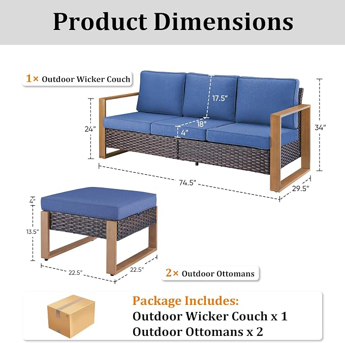 3 Pieces Patio Sofa Set with Metal Arm, High Back Wicker Sectional Outdoor Sofa with Ottomans, Outdoor Seating Furniture High Back Conversation Set for Balcony Deck Porch Backyard, Blue
