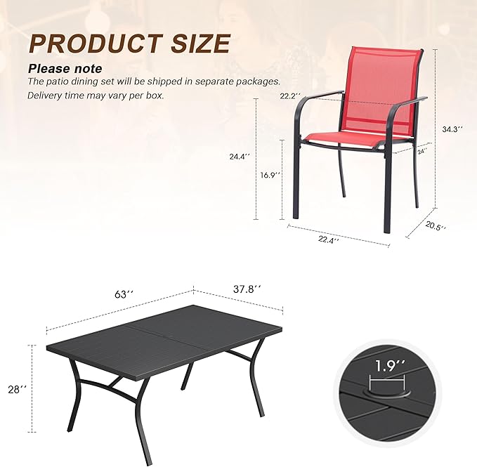 VICLLAX 7 Pieces Patio Outdoor Dining Set, 63" Outdoor Rectangular Metal Dining Table with Umbrella Hole and 6 Stackable Textilene Chairs for Lawn, Garden, Porch, Black/Red