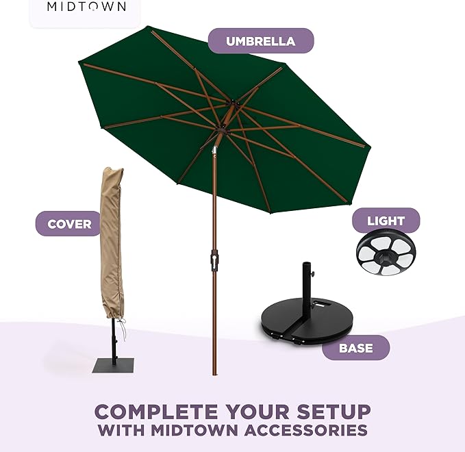 Midtown Umbrellas Wooden 2-8 Ft Patio Umbrella with 360° Swivel & Tilt Mechanism, 8 Fiberglass Ribs & Sunbrella Fabric - Outdoor Umbrella for Deck, Pool & Garden - Burgundy Canopy, Wooden Pole