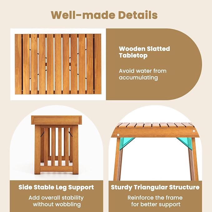 HAPPYGRILL Outdoor Folding Side Table Set of 2, Foldable Patio Acacia Wood End Table with Slatted Tabletop & Leg Frame, Small Outside Table for Backyard Poolside Porch (Teak Finish)