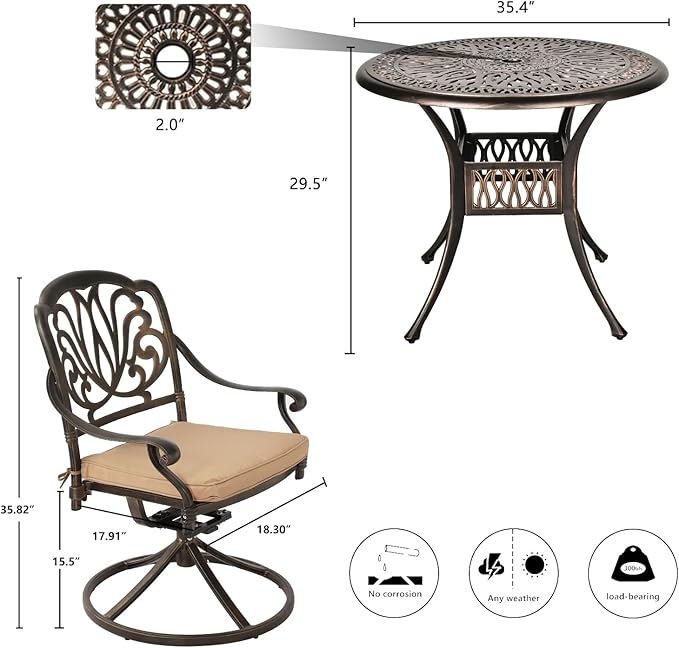 Grepatio 5 Piece Outdoor Dining Set Cast Aluminum Patio Dining Set Table and Chairs Outside Furniture 4 Swivel Chairs with Cushion and 1 Umbrella Hole Round Dining Table for Lawn Garden Patio (Khaki)