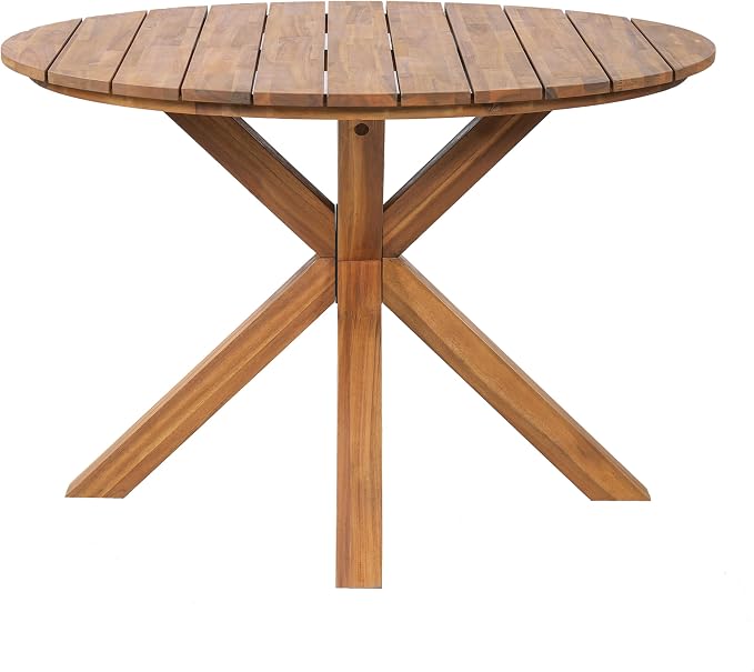Outdoor Patio Furniture Set of 5, Acacia Wood Round Dining Set with 4 Barrel Chairs & Non-Removable Cushion, 5-Piece Patio Furniture for Backyard Deck Poolside, Natural + Beige