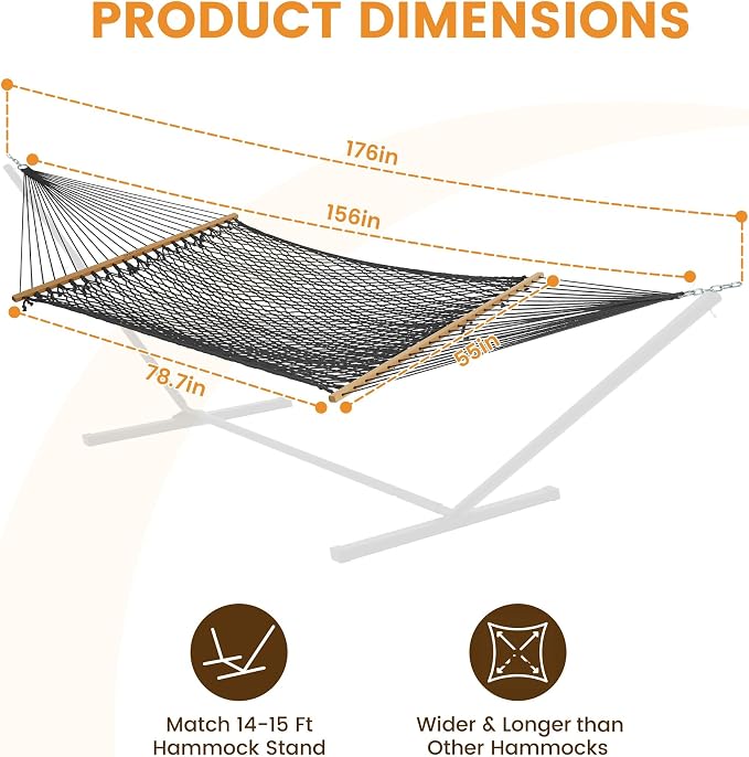 Lazy Daze Hammocks 13-FT Polyester Rope Hammock, Double 2 Person Traditional Hand Woven Outdoor Hammock with Spreader Bar, Carabiners, Tree Straps, Chains for Outside Patio- Max 450 Lbs, Grey
