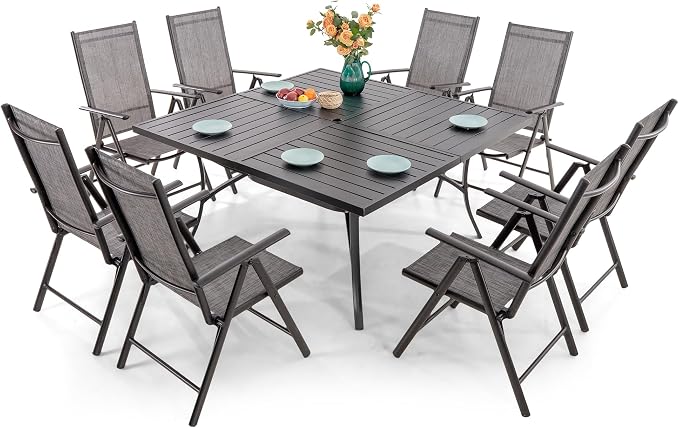 Sophia & William Patio Dining Set for 8, Metal Table & Grey Folding Chairs | Light-weight & space-saving, Breathable & quick-drying, 8 person, Umbrella Hole, Weather-Resistant, Adjustable, Outdoor