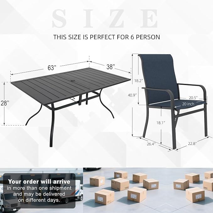 7 Piece Navy Blue High Back Wide Patio Chairs and 63" Metal Rectangle Table | 63" x 38" Metal Rectangle Dining Table, High Back Wide Patio Chairs, All Weather, for Tall People