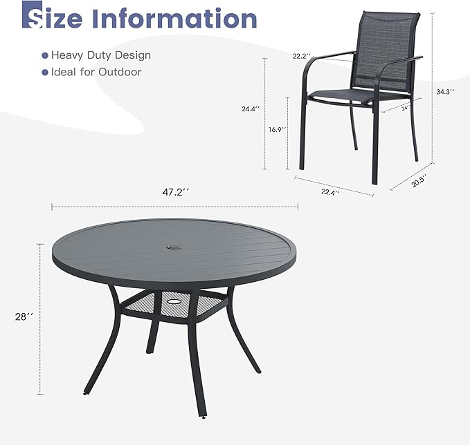 VICLLAX Round Outdoor Dining Set, Patio Table and Chairs Set Set of 6 Patio Stackable Chairs and 47" Outdoor Round Table with Umbrella Hole for Lawn Garden, Dark Grey Chairs and Dark Grey Table