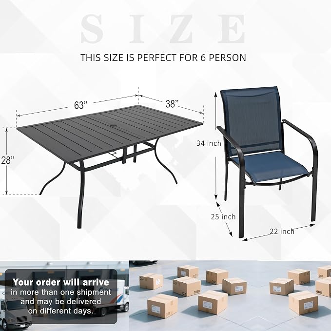Outdoor Patio 63" Rectangle Dining Table and Blue Stackable Chairs Set of 7 | Stackable Chairs, Metal Rectangle Table, Slat Table Top, 6 Person Use, All Weather, Textilene fabric Seat and Back