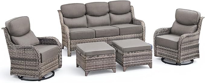 Luxury 5 Pieces Outdoor Patio Furniture Set-High Back Swivel Rocker Patio Chairs with Sofa and Ottomans, 6-inch Extra Thick Cushions Wicker Outdoor Conversation Set for Garden Porch(Grey/Grey)