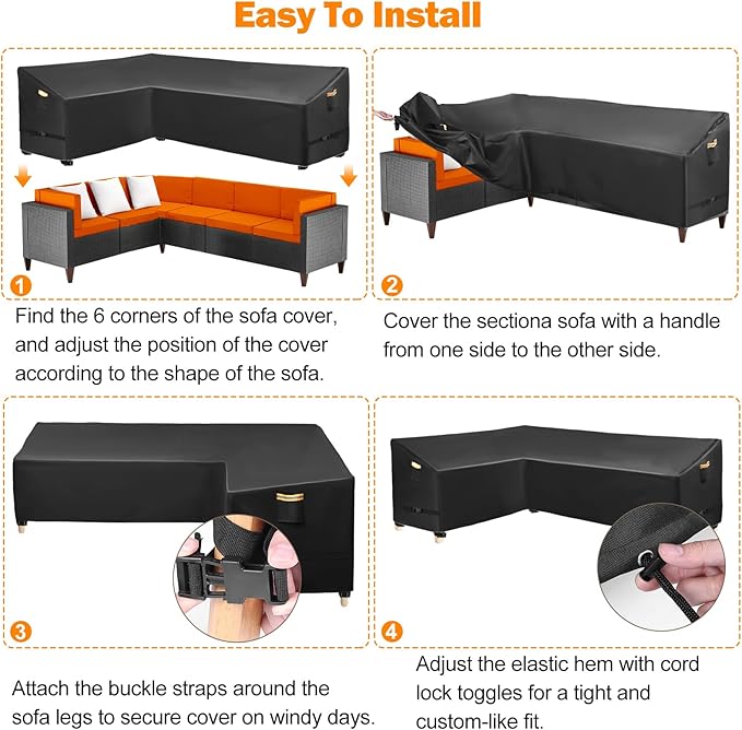 L Shaped Patio Furniture Covers, 600D Heavy Duty Outdoor Sectional Covers Waterproof for 6-Seater Couch, Left Facing, 85x110 Inch, with Air Vents , Reflective Handles, All-Weather Protection