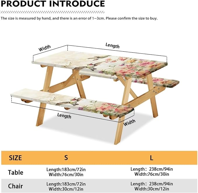Hummingbird Picnic Table Cover with Bench Covers Elastic Fitted Water Resistant Windproof Tablecloth with Storage Bag - 94x30 Inches 3Pcs Set Patio Table Cover for Outdoor Camping Garden