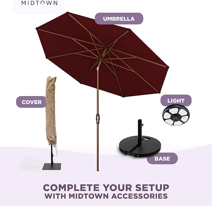 Midtown Umbrellas Wooden 2-8 Ft Patio Umbrella with 360° Swivel & Tilt Mechanism, 8 Fiberglass Ribs & Sunbrella Fabric - Outdoor Umbrella for Deck, Pool & Garden - Burgundy Canopy, Wooden Pole