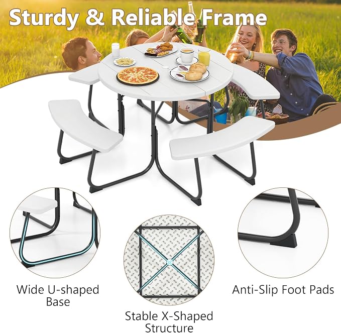 HAPPYGRILL 8-Person Picnic Table Bench Set with Umbrella Hole, 43” Outdoor Dining Table w/4 Benches, Wood-Like Texture Tabletop, Stable U-Shaped Base, Round Table for Backyards, White
