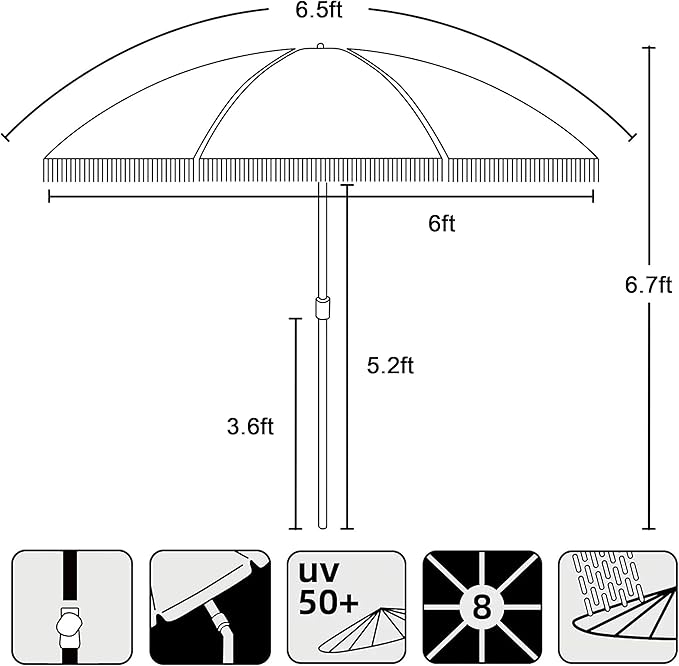 AMMSUN 6.5ft Beach Umbrella with Sand Anchor, Heavy Duty Windproof Beach Patio Umbrella with fringe Tilt & UPF 50+ Sun Protection, Carry Bag for Beach Pool Garden Backyard