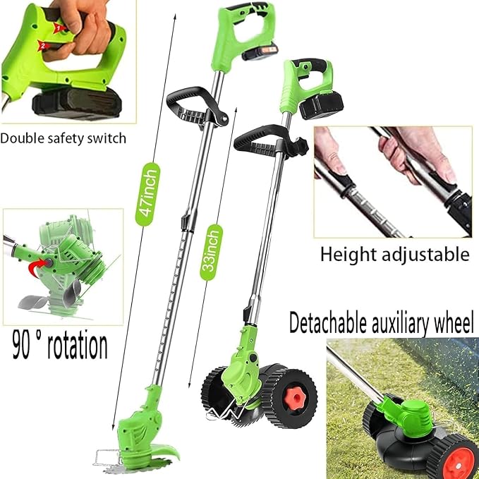 Electric Weed Wacker 21V Electric Weed Cordless Eater with 2pcs Batteries and 3 Types Blades&Auxiliary Wheel Weed Trimmer Lightweight 3 in 1 Stringless Grass Trimmer Edger/Brush Cutter for Lawn