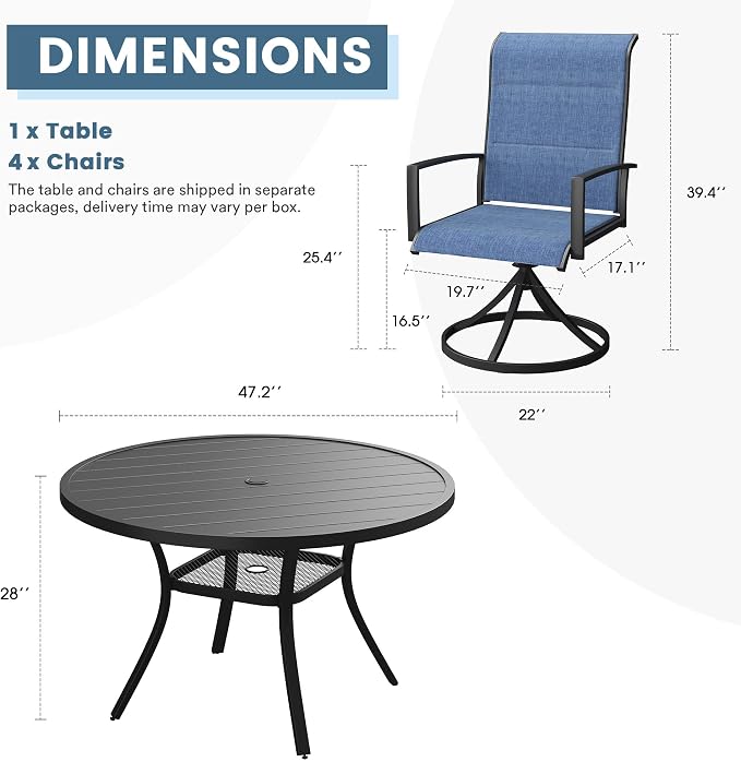 DIFY 5 Piece Outdoor Patio Dining Set for 4, 47.2" Black Round Metal Dining Table and Swivel Patio Chairs with Blue Padded Textilene, All-Weather Outdoor Furniture Set for Garden Backyard Porch