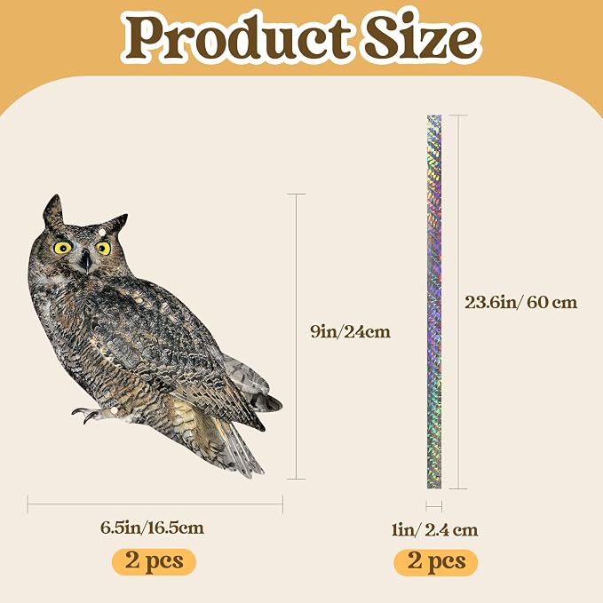2PCS Hanging Flat Garden Owls with Reflective Tape Plastic Owl to Scare Pigeon for Outdoor Fake Owl to Keep Pigeon Away from Balcony House Window Patio Yard Front Porch Backyard