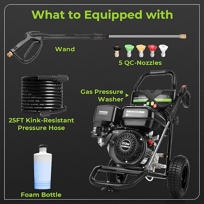 Professional 4200PSI 4GPM 212CC Gas Pressure Washer, 9" Wheels 7.0 HP Commercial Gas Power Washer with 1L Foam Bottle 5 Nozzles 25FT Hose for Home Car Fence Driveway (EPA/CARB/ETL Compliant), Black