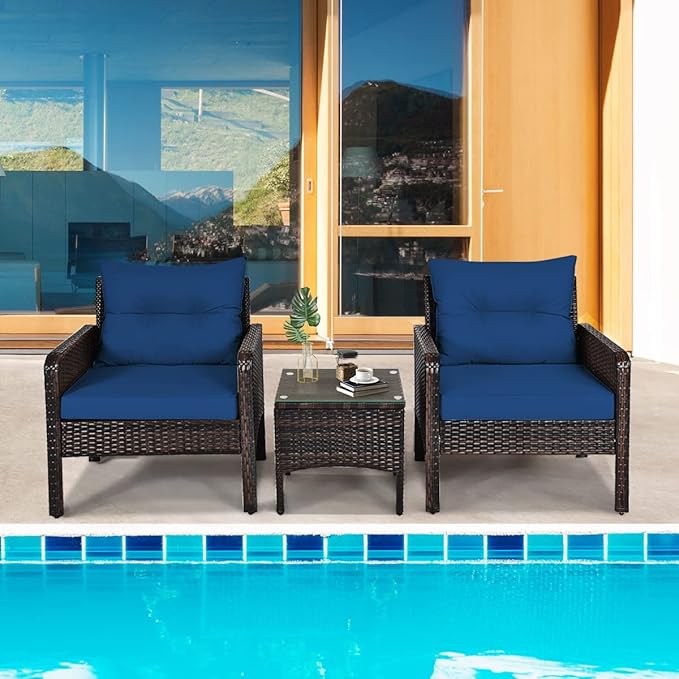 ORALNER 3-Piece Patio Conversation Set, All-Weather Wicker Sofa Chair and Coffee Table Set with Thick Cushions, Outdoor Furniture, Rattan Bistro Set for Balcony Deck Porch Poolside Garden (Navy Blue)