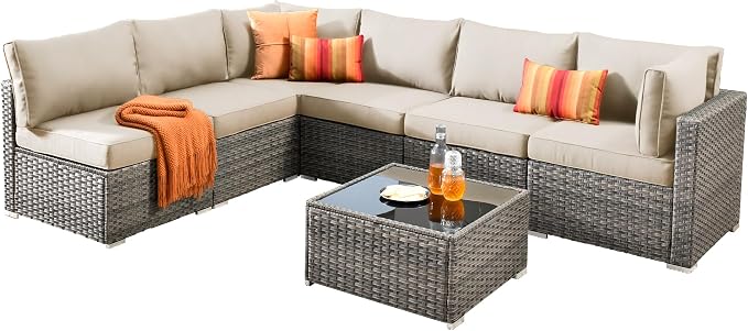 Weaxty 7 Pieces Outdoor Patio Furniture Set,Wicker Sectional Sofa Couch with Thicken Cushion and Glass Coffee Table,All Weather Rattan Patio Conversation Sets for Porch,Poolside,Backyard,Beige