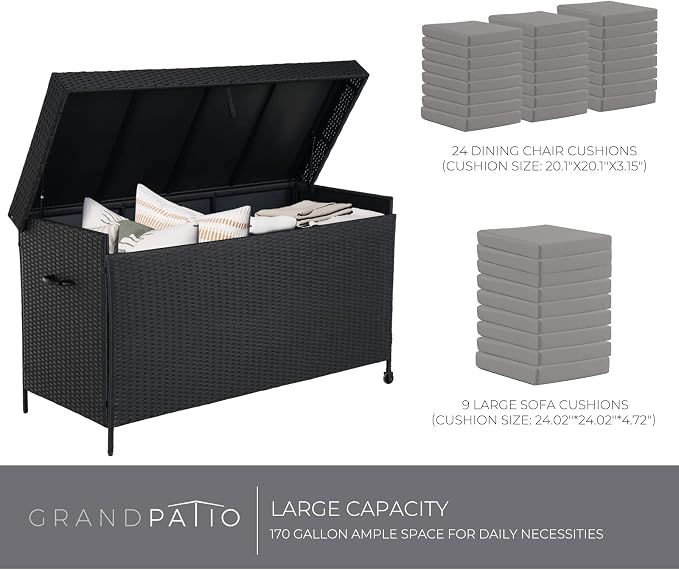 Grand patio 170 Gallon Deck Storage Box Deck Box Outdoor Storage Box Indoor Wicker Storage Bin Patio Storage Box for Patio Furniture Cushions Garden Tools Pool Accessories, Black