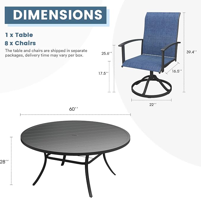DIFY 9 Pieces Outdoor Dining Set for 8, 60" Black Round Metal Table with Umbrella Hole and Blue Textilene Swivel Patio Chairs, Patio Table and Chairs Set for Garden, Backyard, Poolside