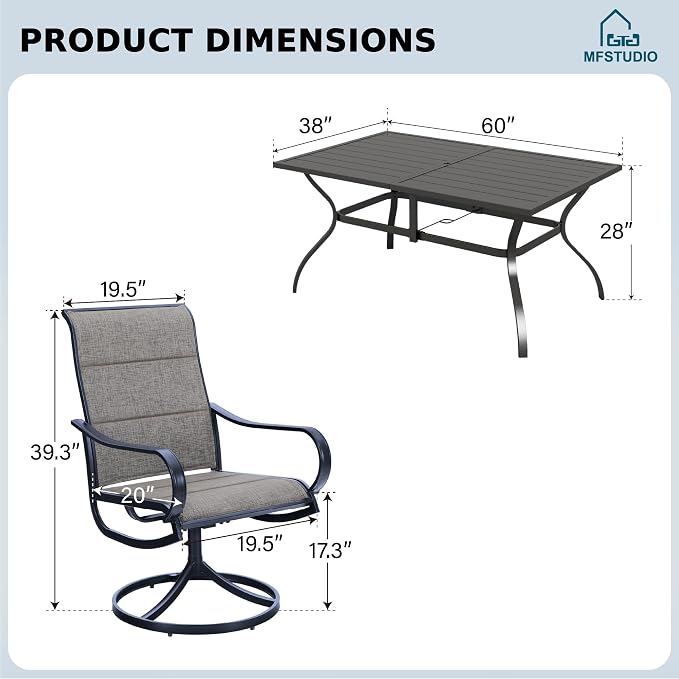 MFSTUDIO Outdoor Dining Set for 6, Metal Table w/Padded Swivel Chairs | Padded textilene, Ergonomic High back, Rectangular, Umbrella hole, Weather-reistant, Patio deck garden backyard