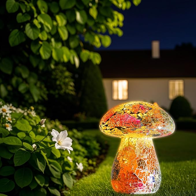 Mosaic Mushroom Garden Lights - Table Lamp Outdoor Decor Waterproof Night Light Lawn Decor Statue for Patio, Party, Yard (Red)