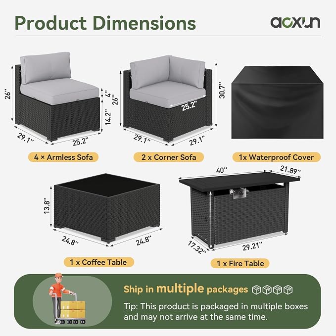Aoxun 8 Piece Patio Furniture Set with 44” Fire Pit Table, Wicker Rattan Patio Sectional Sofa, Outdoor Furniture Set with Thickened Cushion, Light Gray