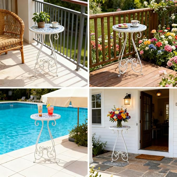 Vintage Outdoor Side Table Round Mosaic Ceramic Tile Top 14" Diameter Metal Plant Stand for Flower Pots Vase Garden Home Porch Pool Indoor Decor Weather Resistant Outside Patio Accent End Furniture