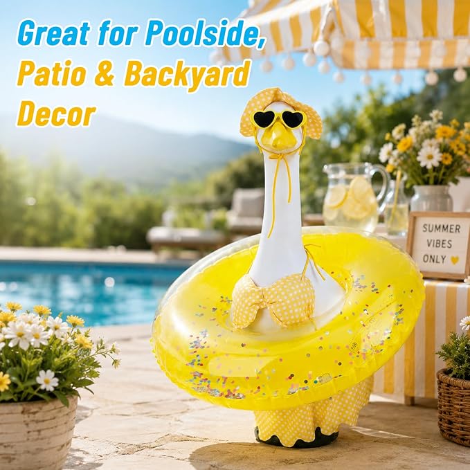 Porch Goose Outfit, Summer Yellow Bikini Set for 23 Inch Porch Goose with Pool Float, Hat and Sunglasses, Yard Porch Decor