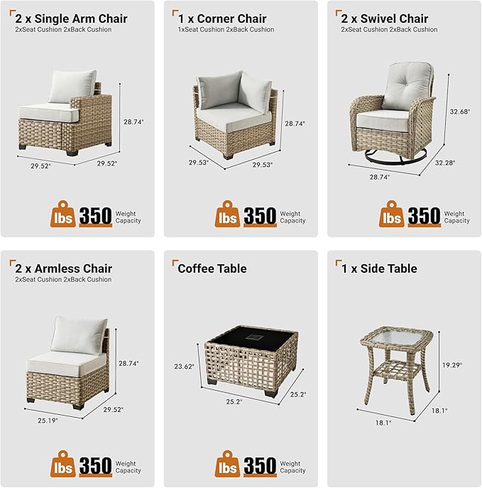 ovios 9 Piece Patio Sectional Furniture with Swivel Rocking Chairs, Rattan Wicker Coversation Couch Set, Outdoor Sofa Set for Outside Porch Balcony Backyard Pool, Light Grey