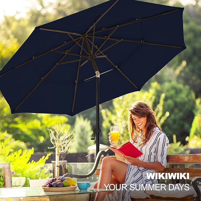 wikiwiki 9ft 3-Tier Patio Umbrella Outdoor Table Market Umbrella for Patio with Push Button Tilt/Crank, Fade Resistant Waterproof POLYESTER Canopy for Garden, Lawn, Deck, Backyard & Pool, Navy Blue