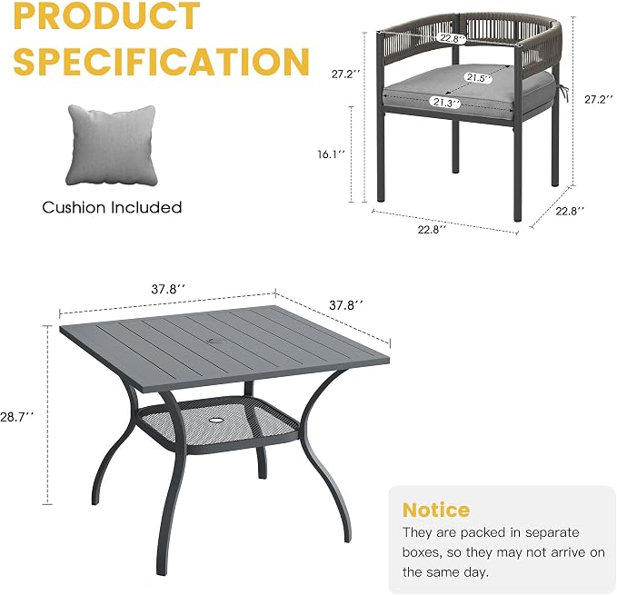 VICLLAX Patio Dining Set for 4-37.8" Square Table & Cushioned Seats, Grey