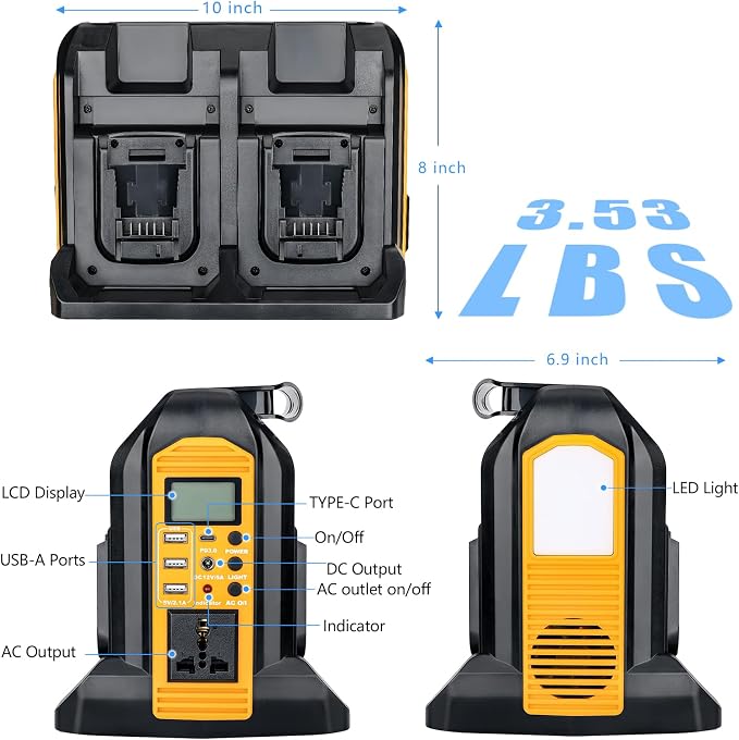 350W Portable Power Supply Inverter Compatible with Dewalt 20V Li-ion Battery, 4 Port Pure Sine Wave Inverter DC 20V to AC 120V with AC Output, USB Port, Type-C Port, 300LM LED Light Emergency