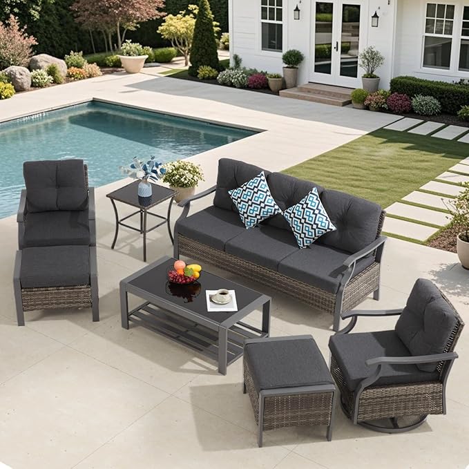 Outdoor Patio Furniture Set, 6 Pieces Outdoor Conversation Sets with Coffee Table, Side Table & Ottoman, Wicker Rattan Outdoor Sectional Sofa Set for Backyard, Deck, Porch, Poolside, Gray