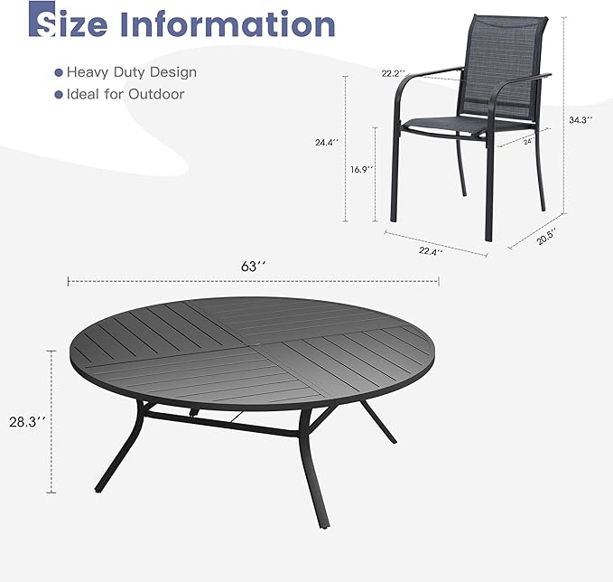 VICLLAX 11 Pieces Round Patio Dining Set, Patio Furniture Set of 10 Patio Stackable Dining Chairs and 63" Outdoor Spliced Tabletop with Umbrella Hole, Dark Grey Chairs and Black Table