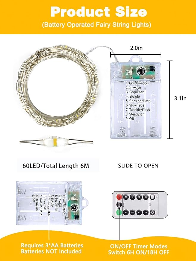 3 Pack 60 LED Fairy Lights Battery Operated with Remote, 20 FT Warm White | Cuttable, 8 Modes, Memory, Dimmable, Waterproof Battery String Lights with Timer for Indoor Outdoor, Christmas Decorations