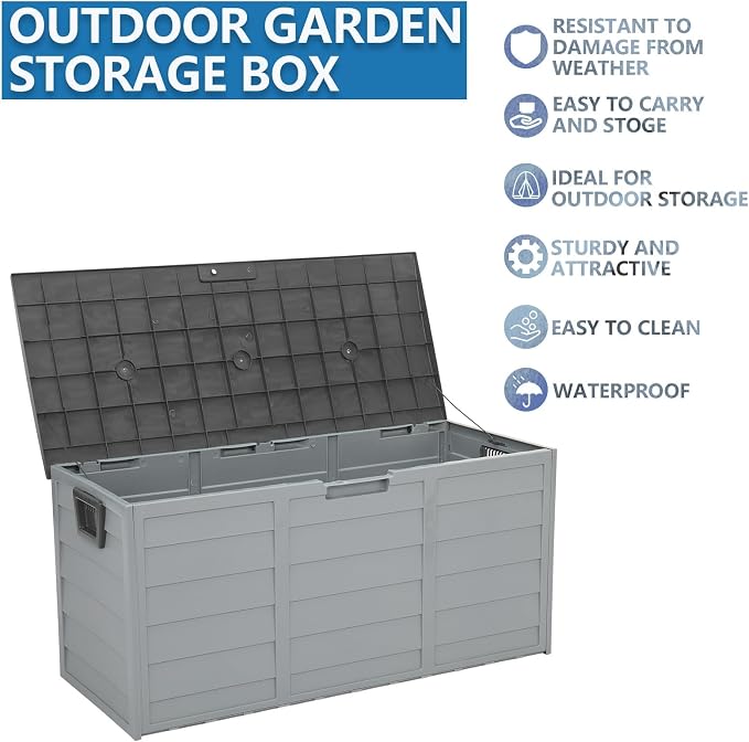 75 Gallon Waterproof Outdoor Deck Box with Wheels, Lockable Resin Patio Storage Container for Cushions, Garden Tools, Pool Accessories and Outdoor Supplies, Grey