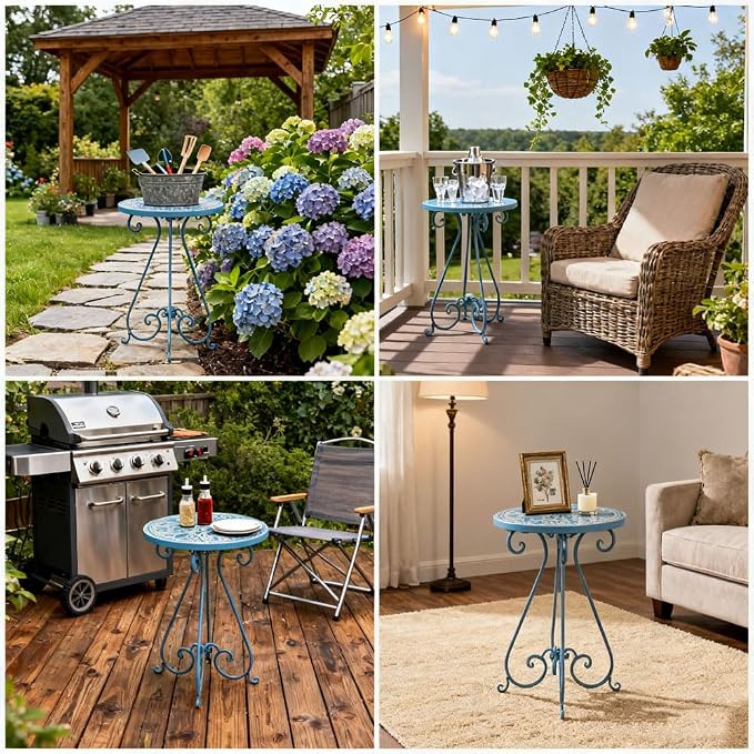 Vintage Outdoor Side Table Round Mosaic Ceramic Tile Top 14" Diameter Metal Plant Stand for Flower Pots Vase Garden Home Porch Pool Indoor Decor Weather Resistant Outside Patio Accent End Furniture
