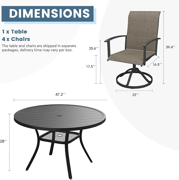 DIFY 5 Pieces Outdoor Dining Set for 4, 47.2" Black Round Metal Table with Umbrella Hole and Brown Textilene Swivel Patio Chairs, Patio Table and Chairs Set for Garden, Backyard, Poolside