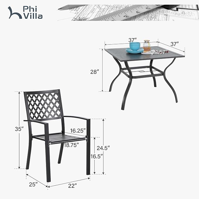 PHI VILLA Patio Dining Set Outdoor Table and Chairs Furniture Set 7 Piece, Large 60.2" Rectangle Bistro Table with Umbrella Hole and 4 Backyard Garden Chairs Support 300LBS for Deck, Lawn, Garden